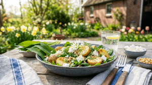 Lente salade van wilde knoflook verlicht grijze lentebijeenkomsten gezond en betaalbaar