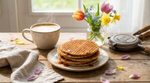 Mijn geliefde tijd is het knapperige stroopwafel proeven in de lente